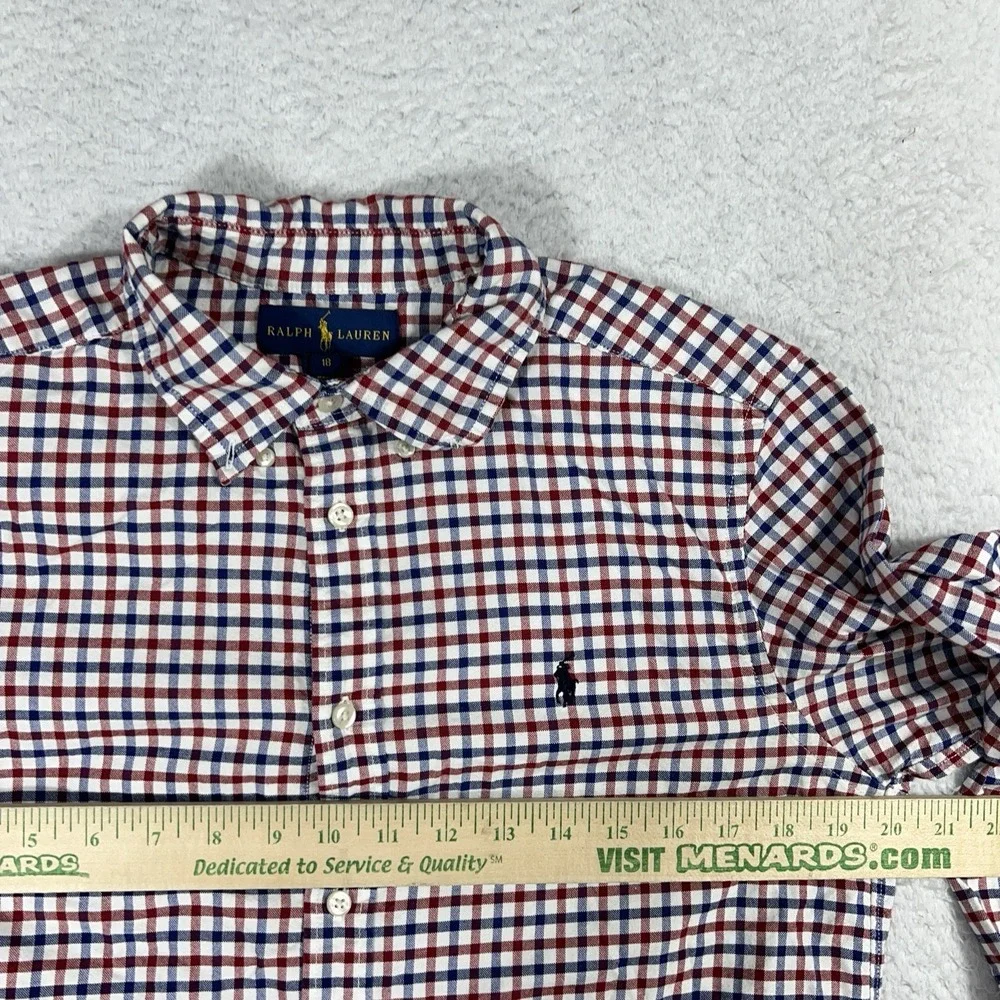 Ralph Lauren Shirt Youth 18 Blue Red Plaid Button Front 100% Cotton